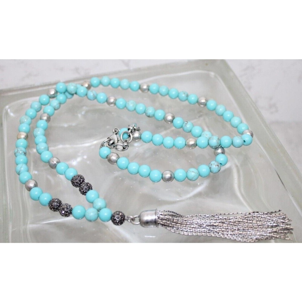 Turquoise and Silver Necklace with silver tassel, Great Details, Beautiful 20"L